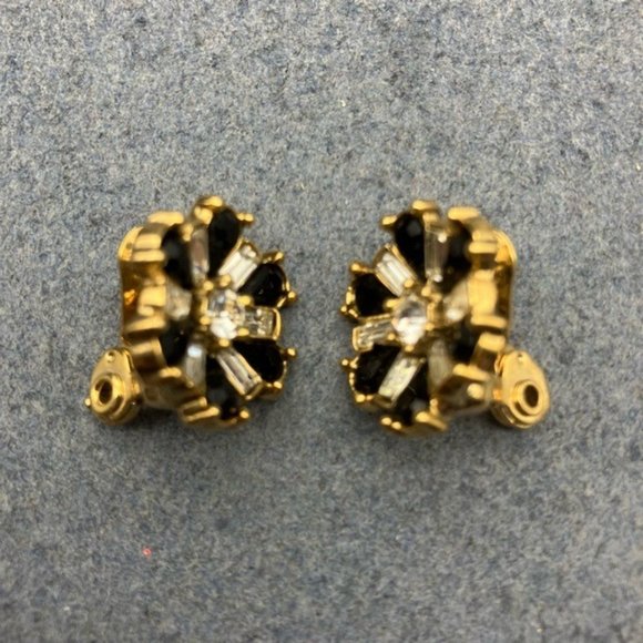 1928 Clip On Earrings Black Gold Rhinestone Star Flower Asterisk Vintage Retro - Picture 3 of 7